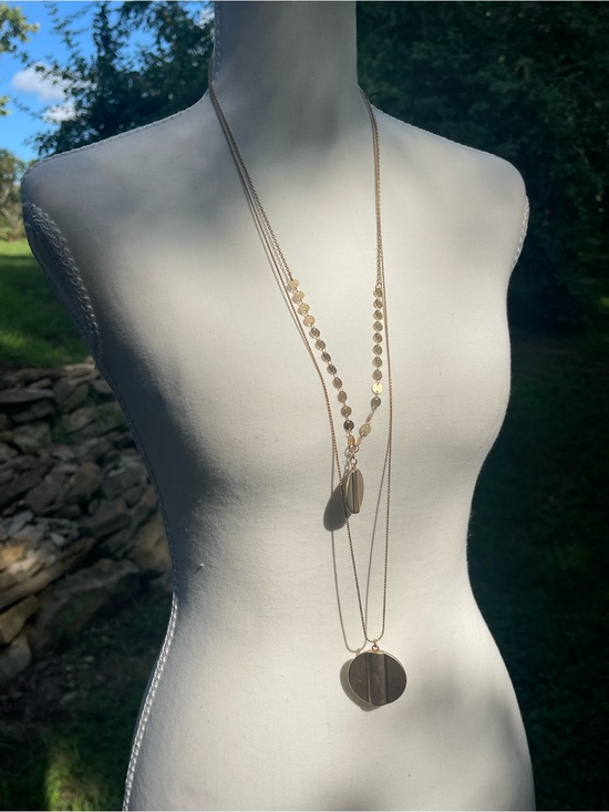 Jewelry - Gold Tone Layered Multi Strand Necklace Long 42" Sequin Disc Circle Pendant